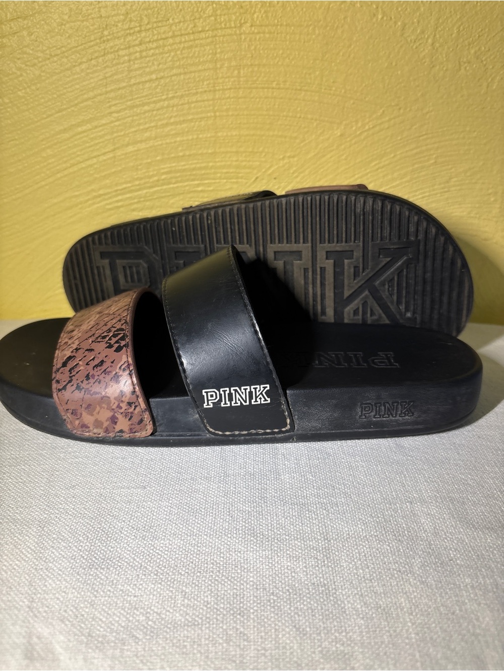 PINK Victoria's Secret Black Slide Sandal with Brown Textured Strap